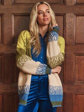 Boutique Brand EsQualo Green, Cream, and Blue Cardigan, Size: S